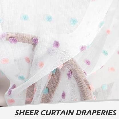 MYSKY HOME Rainbow Pom Pom Curtains for Living Room Light Filtering 90 Inch Long Bedroom Curtains for Nursery Girls Kids Room Rod Pocket Bohemian Voile Window Drapes 52 x 90 inch 2 Panels