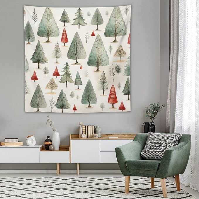 Wall Tapestries Vintage Christmas Tree Watercolor Tapestry Happy New Year Bedroom Tapestries Wall Hanging Decor Tapestry for Bedroom Aesthetic Alt Room 60"x60" Tapestries Winter Snowflake Decorative