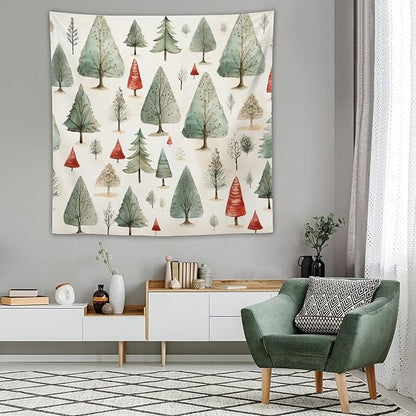 Wall Tapestries Vintage Christmas Tree Watercolor Tapestry Happy New Year Bedroom Tapestries Wall Hanging Decor Tapestry for Bedroom Aesthetic Alt Room 60"x60" Tapestries Winter Snowflake Decorative