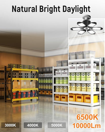 Adiding LED Garage Ceiling Light w/ 6 Deformable Panels Basement Lighting, 6 Pack, Screw into E26 E27 Bulb Socket, Beyond Bright 6000Lm High Lumen, Shop, Shed, Gym, Attic, Utility, Daylight 6500K