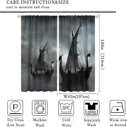 Viking Ship Blackout Curtains,Gloomy Misty Lake Landscape Fantasy Black White Color Sailing Dragon Boat Window Drapes for Boys Girls Bedroom Living Room,Norse Decor 84x84in