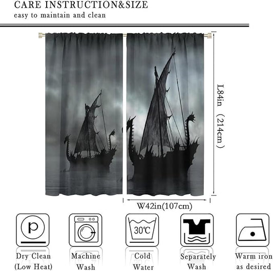 Viking Ship Blackout Curtains,Gloomy Misty Lake Landscape Fantasy Black White Color Sailing Dragon Boat Window Drapes for Boys Girls Bedroom Living Room,Norse Decor 84x84in