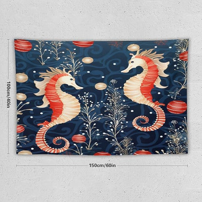 Seahorse Christmas Kiss Beach Tapestry As Wall Art Coastal Nautical Bedroom Tapestries Landscape Tapestry Wall Hanging for Bedroom Living Room Dorm Decor 40"x60" Christmas Family Party