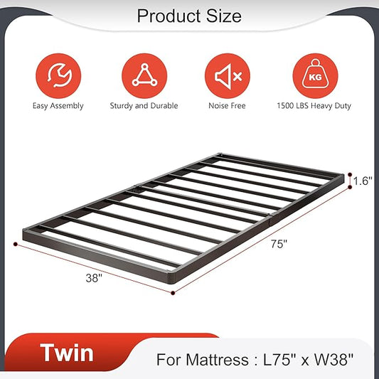 1.6 Inch Bunkie Board Twin Low Profile Heavy Duty Metal Box Spring Twin Bed Base Sturdy Mattress Foundation, Easy Assembly, Noise Free, Black