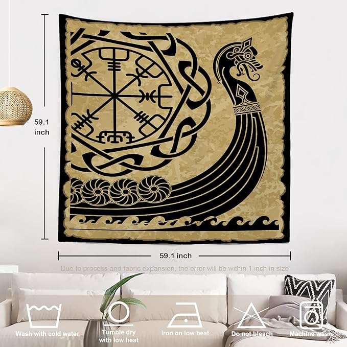 Batmerry Vikings Ancient Scandinavian Tapestry,Warship Boat Old Ancient Sea Wall Art Hanging Decoration Polyester Fiber White Ruffled Around for Dorm Room Bedroom Living Room, 59.1x59.1 inches