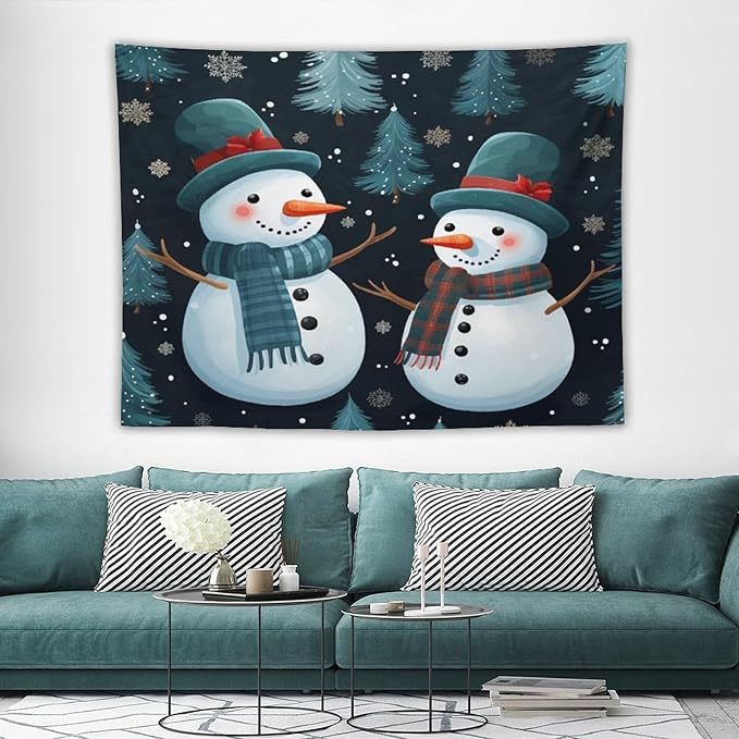 MaSiledy Tapestry Snowman Couple Tapestry Aesthetic Winter Snowflake Cute Cartoon Funny Snowman Wall Tapestries Wall Art Home Decoration for Bedroom Living Room Dorm Landscape 60"x80"