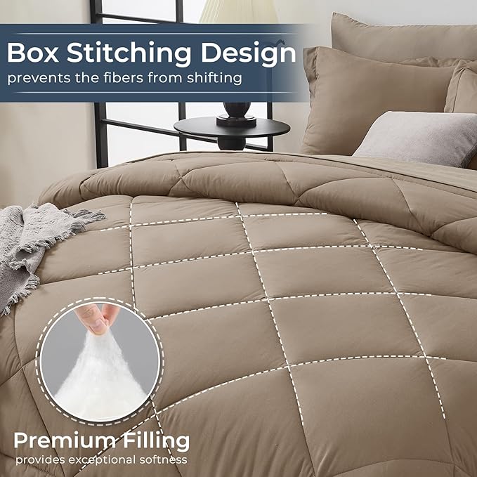 HEVUMYI Khaki & Linen Full Comforter Set - 7-Piece All Season Bed in a Bag Full, Ultra Soft Bedding Set with Comforter, Flat Sheet, Fitted Sheet, Pillowcases, Pillow Shams