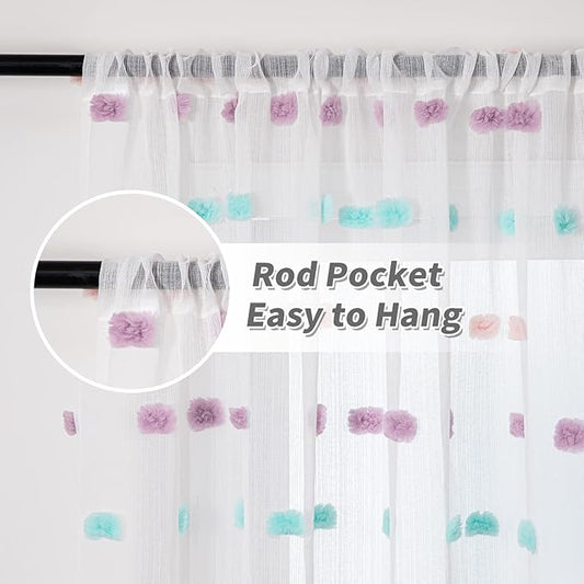 MYSKY HOME Pom Pom Curtains 84 Inch Length for Girls Bedroom 2 Panels Rainbow Curtains 84 Inch Long for Living Room Laundry Kids Nursery Rod Pocket Farmhouse Dining Room Window Drape 37" x 84"