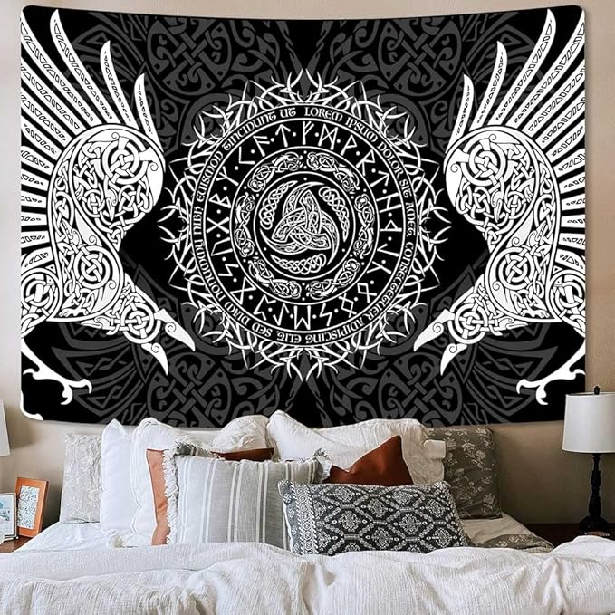 Viking Art Tapestry, Ancient Rune Dragon Totem Nordic Art Wall Hanging Tapestries, Mysterious Meditation Tapestry Wall Hanging for Living Room Bedroom Viking Decor