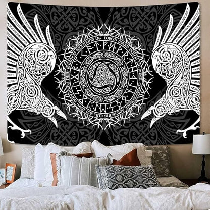 Viking Art Tapestry, Ancient Rune Dragon Totem Nordic Art Wall Hanging Tapestries, Mysterious Meditation Tapestry Wall Hanging for Living Room Bedroom Viking Decor