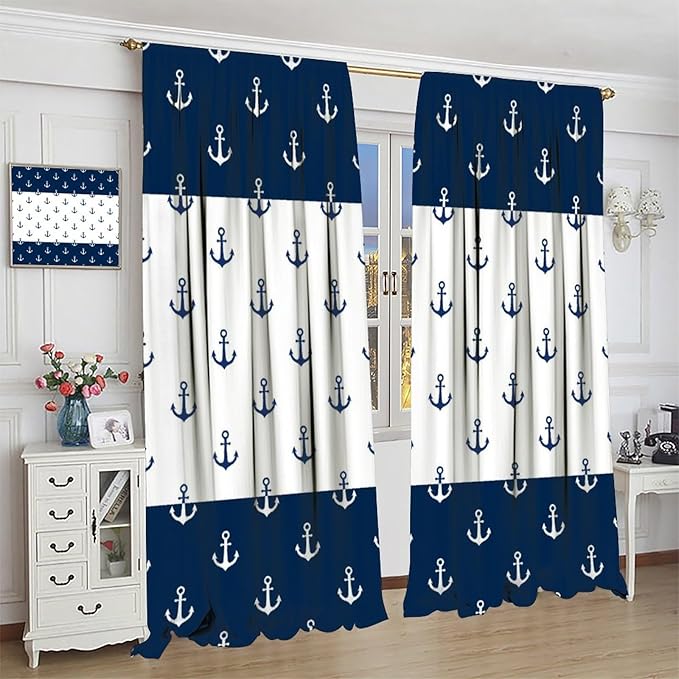 Anchor Pattern Curtains, Nautical Theme Navy Blue White Anchor Sea Life Adventure Print Blackout Window Treatments for Living Room Boys Men's Bedroom 72x63in