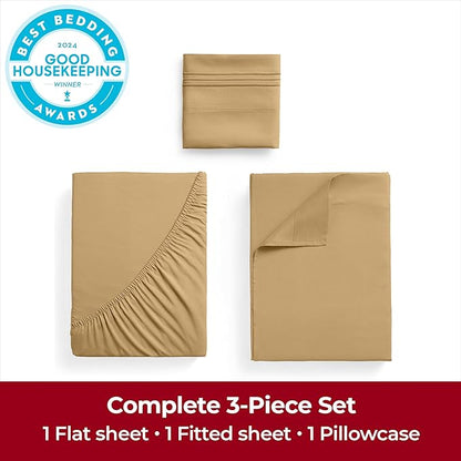 Mellanni Twin XL Sheets Set - 3 PC Iconic Collection Bedding - Hotel Luxury, Extra Soft, Cooling Bed Sheets - Wrinkle, Fade, Stain Resistant (Twin Extra Long, Gold)