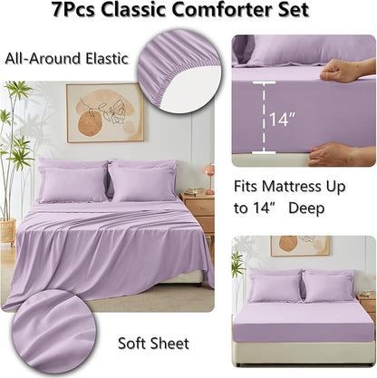 CozyLux Full Size Comforter Sets Light Purple - 7 Pieces Lavender Bed in a Bag Full, Luxury Soft Bed Set for All Seasons, Bedding Set with Down Alternative Comforter, Sheets, Pillowcases & Shams