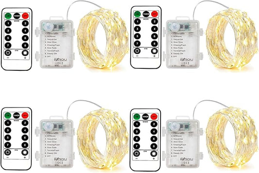 4 Pack Battery Operated Fairy String Lights, 8 Modes 5M Silver Wire with Remote & Timer - 50 LEDs Waterproof for Bedroom, Wedding, Christmas, Party Decorations