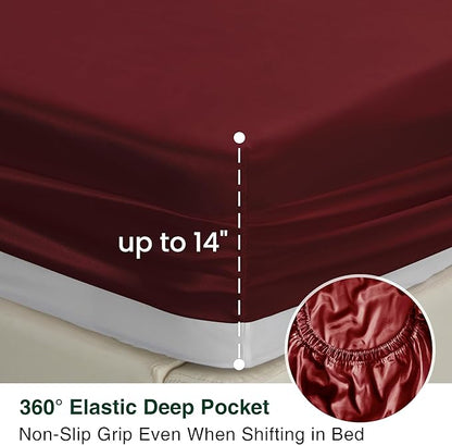 Love's cabin 4Piece California King Satin Bed Linen Set, Burgundy Silky Satin Sheets, Deep Pocket, Luxury Silk Feel, 1 Flat, 1 Fitted Sheet, 2 Pillow Cases