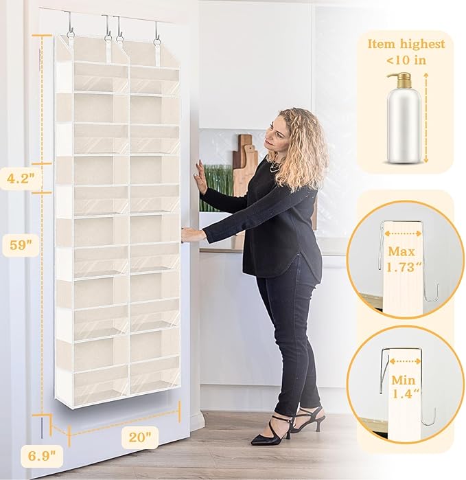 Over the Door Organizer 6 Tiers, Extra Large Behind Door Storage of 12 Compartments,80 lbs Weight Capacity Hanging Storage Organizer with Clear Window Kids Toys, Shoes, Diapers,Beige