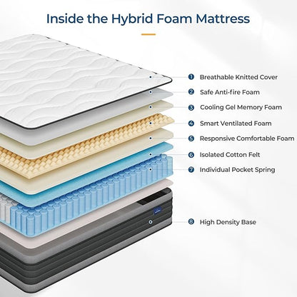 Vesgantti King Mattress, 10 Inch Hybrid King Size Mattress with Memory Foam and Individually Pocket Spring, Pressure Relief and Supportive, Medium Firm Feel, Mattress in a Box