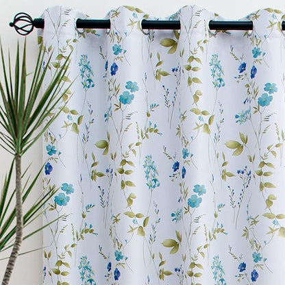 Linentalks Floral Blackout Curtains 63 Inch Length 2 Panels Set, Short Thermal Insulated Patterned Blackout Curtains for Living Room, Grommet Room Darkening Curtains Green Blue Black Out Curtains