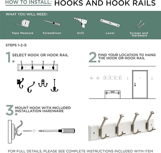 Liberty 129849 18-Inch Coat and Hat Hook Rail/Rack with 4 Heavy Duty Hooks, White and Satin Nickel