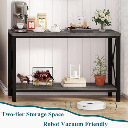 BON AUGURE Console Tables for Living Room, Industrial Couch Table Behind Sofa, Wood Metal Entryway Tables for Hallway, Entry Way Table for Foyer, Entrance, Front Door (Dark Grey Oak, 47 Inch)