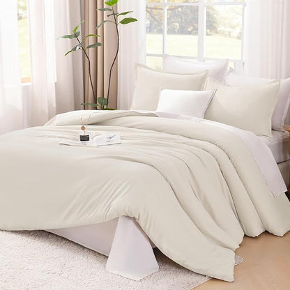 Litanika Comforters Beige Oversized King Size, 3 Pieces Lightweight Solid Bedding Comforter Set, All Season Fluffy Bed Set (120x98In Comforter & 2 Pillowcases)
