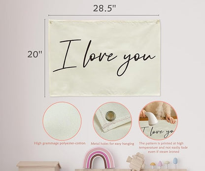 I love You Rectangular Canvas Banner-Boho Flag Wall Decor for Boy Girl Kids Friends,Nursery Babyroom Above Crib Bedroom Living Room Office-Baby Growth Stuff-Baby Shower Birthday Christmas Gift