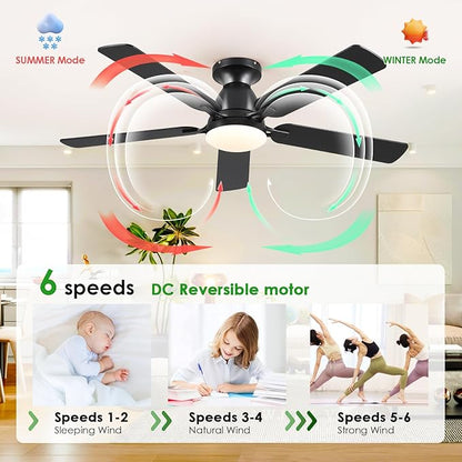 Ceiling Fans with Lights- 52" Low Profile Indoor Ceiling Fan with Light and Remote/APP Control, Flush Mount, LED Dimmable DC Reversible Modern Ceiling Fan for Bedroom（Black）