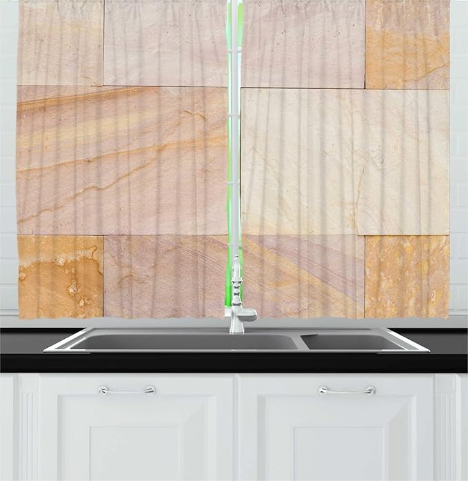 Lunarable Architecture Long Kitchen Curtains, Continuing Design of Sandstone Design Geometric Rectangles, 2 Panel Set Drapes with Rod Pocket Room Decor, 55" x 45", Almond Eggshell and Pale Tan