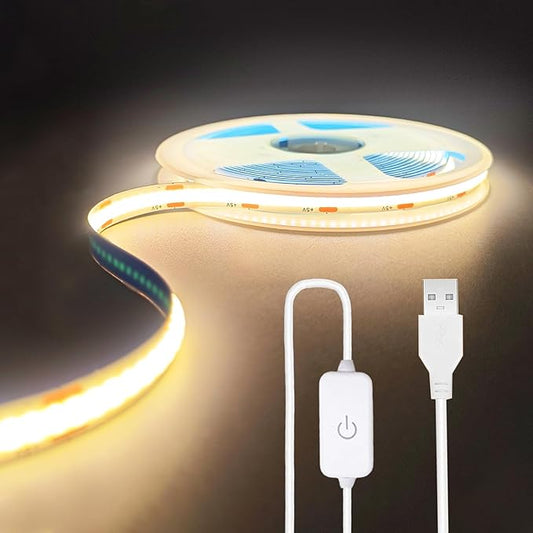 A 5V USB LED Light Strip, COB LED Strip Lights, White 5V LED Lights, Small LED Strip Light, TV Lights for TV Under Cabinet Kitchen Living Room Shelving or Displays (Warm 3.28ft)