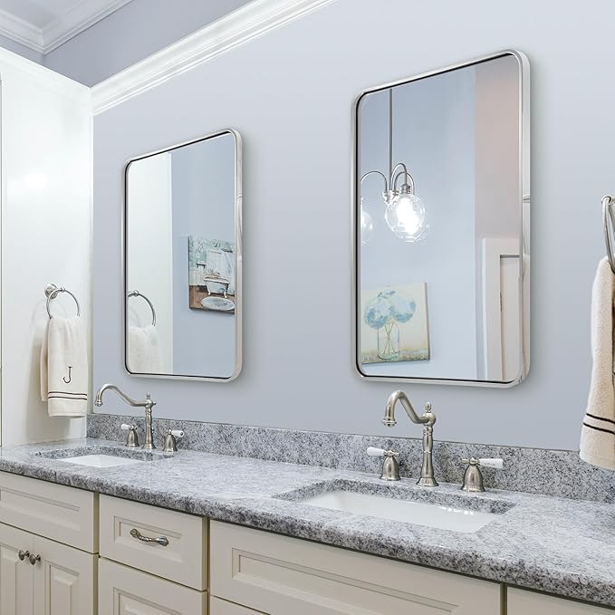 ANDY STAR 28x36 INCH Chrome Bathroom Mirrors, Polished Chrome Bathroom Mirror, Rounded Rectangle Mirror, Anti-Rust SUS304, Tube Metal Frame, 1’’ Deep Wall Mounted Vertically/Horizontal for Bathroom