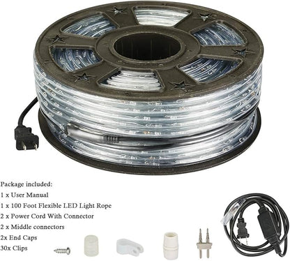 100Ft Rope Lights Outdoor, LED Strip Lights Waterproof Decorative Lighting for Indoor/Outdoor Decorations, Eaves, Backyards Garden, Patio and Bedroom, Christmas Decorations