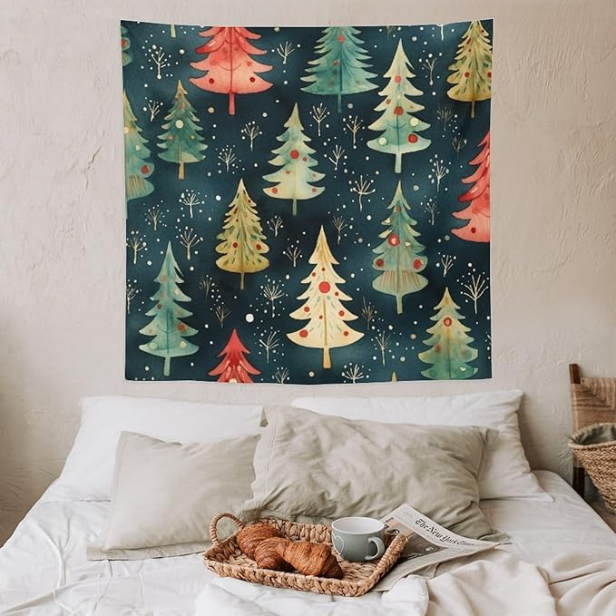 Tapestry Wall Hanging Vintage Christmas Tree Watercolor Tapestry Christmas Holiday Tapestry Aesthetic Wall Art Decor for Bedroom Living Room Dorm 60"x60" Tapestries Winter Snowflake Decorative