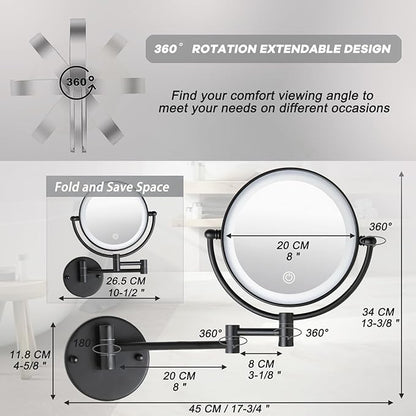 Wall Mounted Makeup Mirror with 3 Color Lights Stepless Dimming, 8" 1X/10X Magnifying LED Two Sided Touch Sensor Extendable Arm 360 Swivel Shaving Light Up Mirror Hardwired for Bathroom, Matte Black