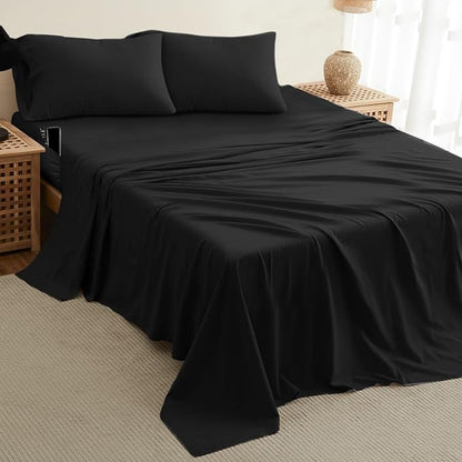 DREAMCARE King Size Sheets Set - Cooling Bed Sheets - 4pcs Set - up to 15" Deep Pocket King Sheet Set – Soft & Long Lasting Cooling - 100% Fine Brushed Polyester with Side Pocket - Black