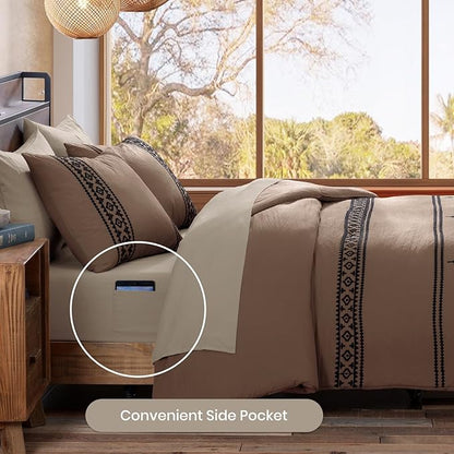 MaiRêve Embroidery Queen Size Comforter Set Brown, Boho Farmhouse Western Bedding Set 7 Pieces, All Season Bed in A Bag Comforter Set with Sheets, Pillowcases & Shams