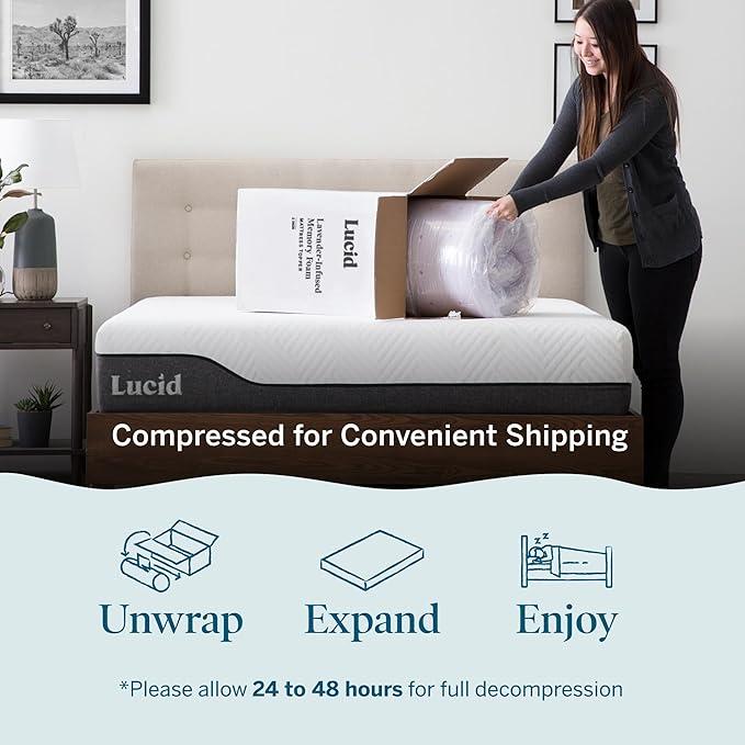 LUCID 3 Inch Lavender Infused Memory Foam Mattress Topper, California King Size – Ventilated Design – Pressure Relieving Bed Topper - Mattress Pad – CertiPur Certified