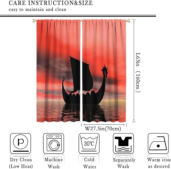 Viking Ship Curtains, Fantasy Ocean Vintage Sailboat at Sundown Nautical Themed Print Blackout Window Treatments for Boys Bedroom Living Room 55x63in