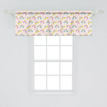 Ambesonne Cartoon Window Valance Pack of 2, Pastel Rainbows Clouds Raindrops Sky Theme, Rod Pocket Curtain Valances for Kitchen Bedroom, 54" X 18", Rose and Multicolor