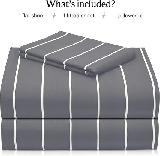 LuxClub Striped Sheets, 3 PC Striped Bed Sheets Twin Size for-Boys-and-Girls-Deep Pockets Wrinkle Free-Kids-Fitted Sheets Machine Washable Hotel Bedding (Twin, Light Grey)