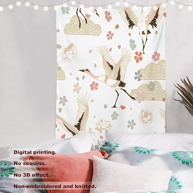 Batmerry White and Gold Japanese Tapestry,Rustic Wall Art Hanging Decoration Polyester Fiber White Ruffled Around for Dorm Room Bedroom Living Room, 59.1x39.4 inches