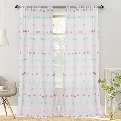 MYSKY HOME Living Room Curtains for Window Rainbow Pom Pom Curtains 120 Inch Length Long for Bedroom Set of 2 Semi White Sheer Curtains Parties Farmhouse Rod Pocket Boho Backdrops 37" x 120"