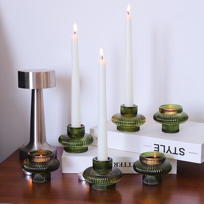 VOHO Green Candle Holder Decor for Dining Table Centerpiece, Ribbed Taper Candle Holders Versatile for Candle Sticks and Tea Lights Candles, Holiday Candlestick Holders Gifts for Friends(Set of 6)