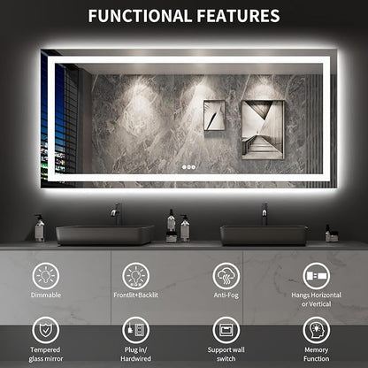 LOAAO 80"X40" LED Mirror for Bathroom, Lighted Bathroom Mirror with Lights, Anti-Fog, Dimmable, Memory Function, Easy to Install, Clear Reflection