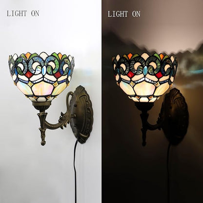 Tiffany Sconce Lamp Stained Glass Wall Lamp,8X10.5X11 Inch Plug in Wall Bedside Light for Hallway Bedroom (Seven Color Baroque)