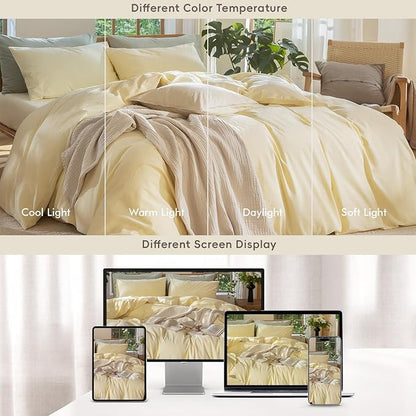 MooMee Bedding Duvet Cover Set 100% Washed Cotton Linen Like Textured Breathable Durable Soft Comfy (Heathered Butter Yellow, Cal King 104"x98")