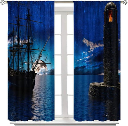 Pirate Ship Curtains, Nautical Sailboat Sailing Ocean Adventure Full Moon Cloudy Night Sky Old Lighthouse Print Blackout Window Treatments for Bedroom Living Room 42x54 Inch