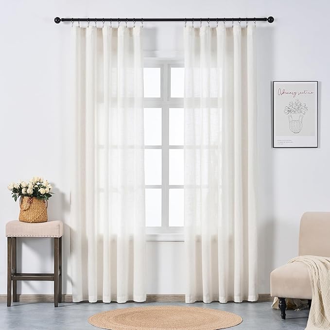 Neutral Linen Semi Sheer Curtains 96 Inches Long, Cream Textured Light Filtering Drapes for Living Room, Modern Farmhouse Window Decor, Privacy Pinch Pleat Curtain with Hooks