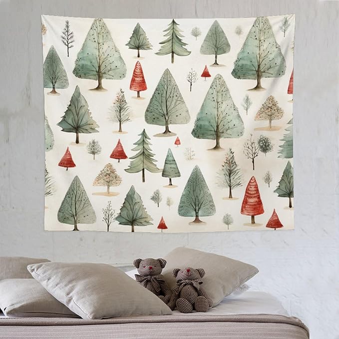 MaSiledy Vintage Christmas Tree Watercolor Tapestry As Wall Art Rustic Style Nature Forest Tapestry for Bedroom Aesthetic Landscape Tapestry Wall Hanging Decor for Bedroom 50"x60"