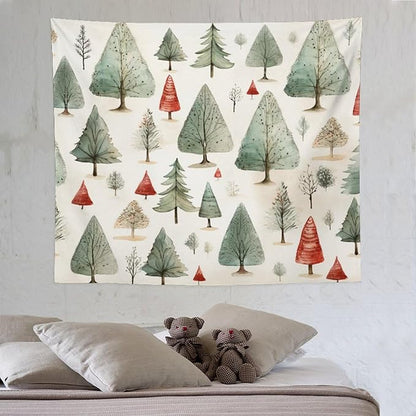 MaSiledy Vintage Christmas Tree Watercolor Tapestry As Wall Art Rustic Style Nature Forest Tapestry for Bedroom Aesthetic Landscape Tapestry Wall Hanging Decor for Bedroom 50"x60"