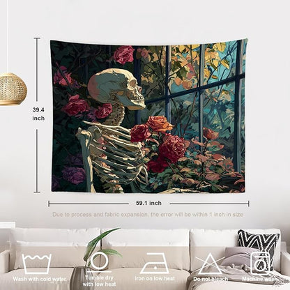 Batmerry Skeleton Roses Greenhouse Tapestry, Skeleton Roses Glass Flowers Wall Art Hanging Decoration Polyester Fiber White Ruffled Around for Dorm Room Bedroom Living Room, 39.1x59.1 inches